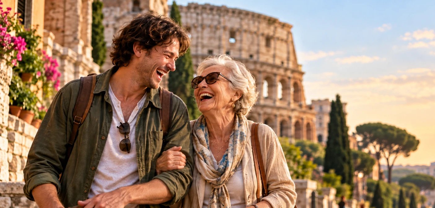 A mother and her grown son laughing together on a Roman street at golden hour, the Colosseum behind them