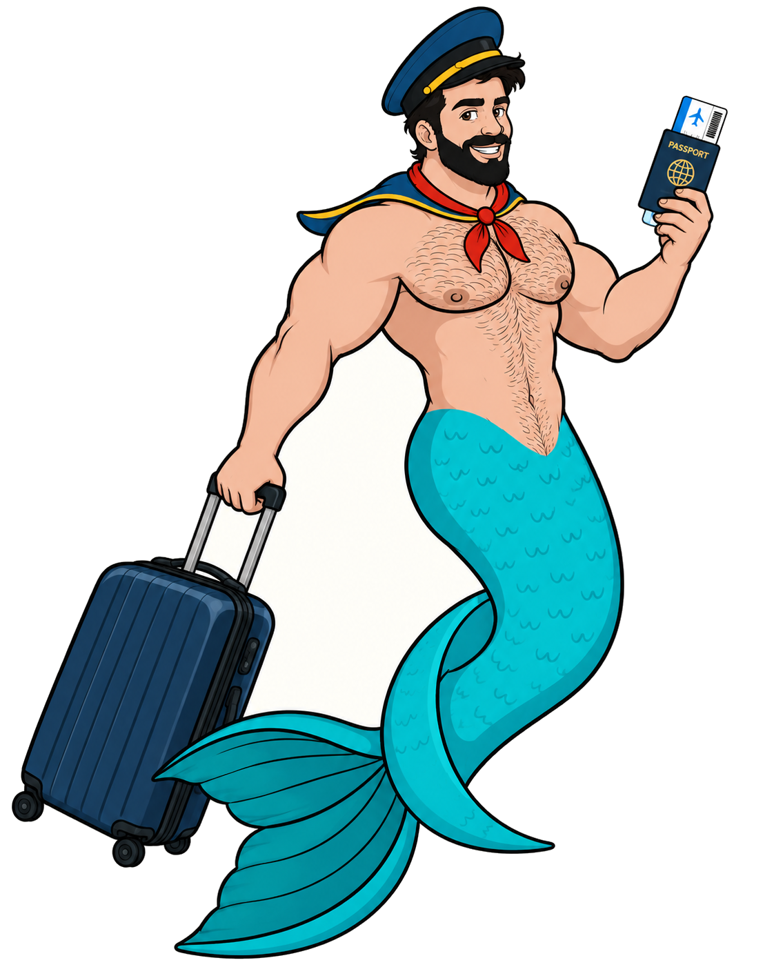 Merman traveler holding his passport and rolling suitcase