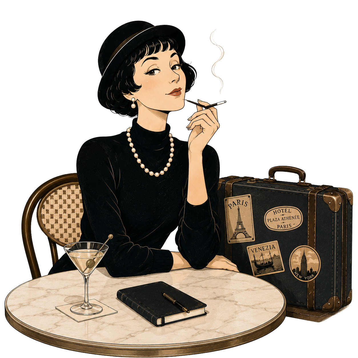 Illustration of Dorothy Parker with a cocktail and travel suitcase