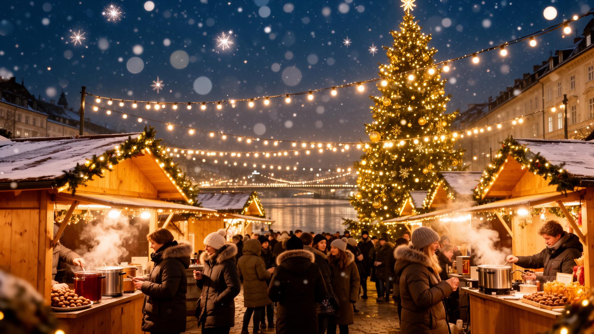European Christmas market glowing with warm lights at dusk