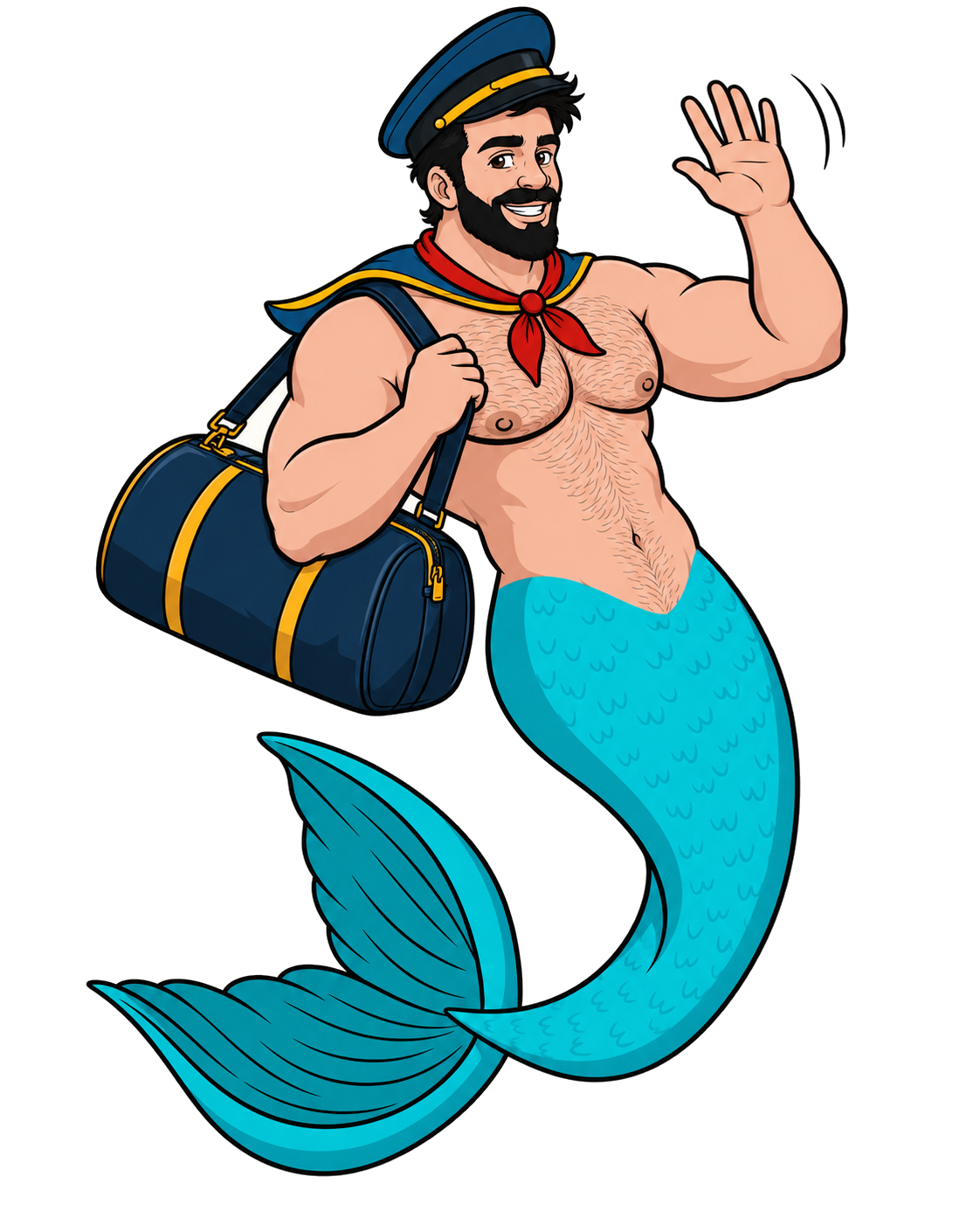 Smiling merman traveler waving with a duffel bag