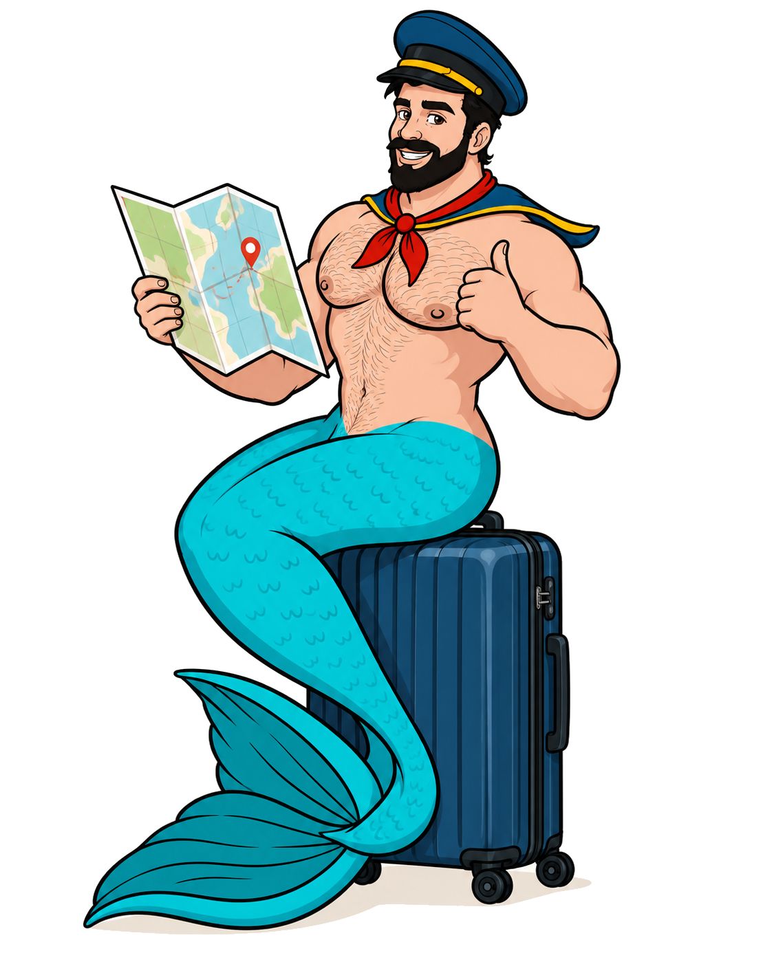 Merman traveler reading a map while sitting on his suitcase