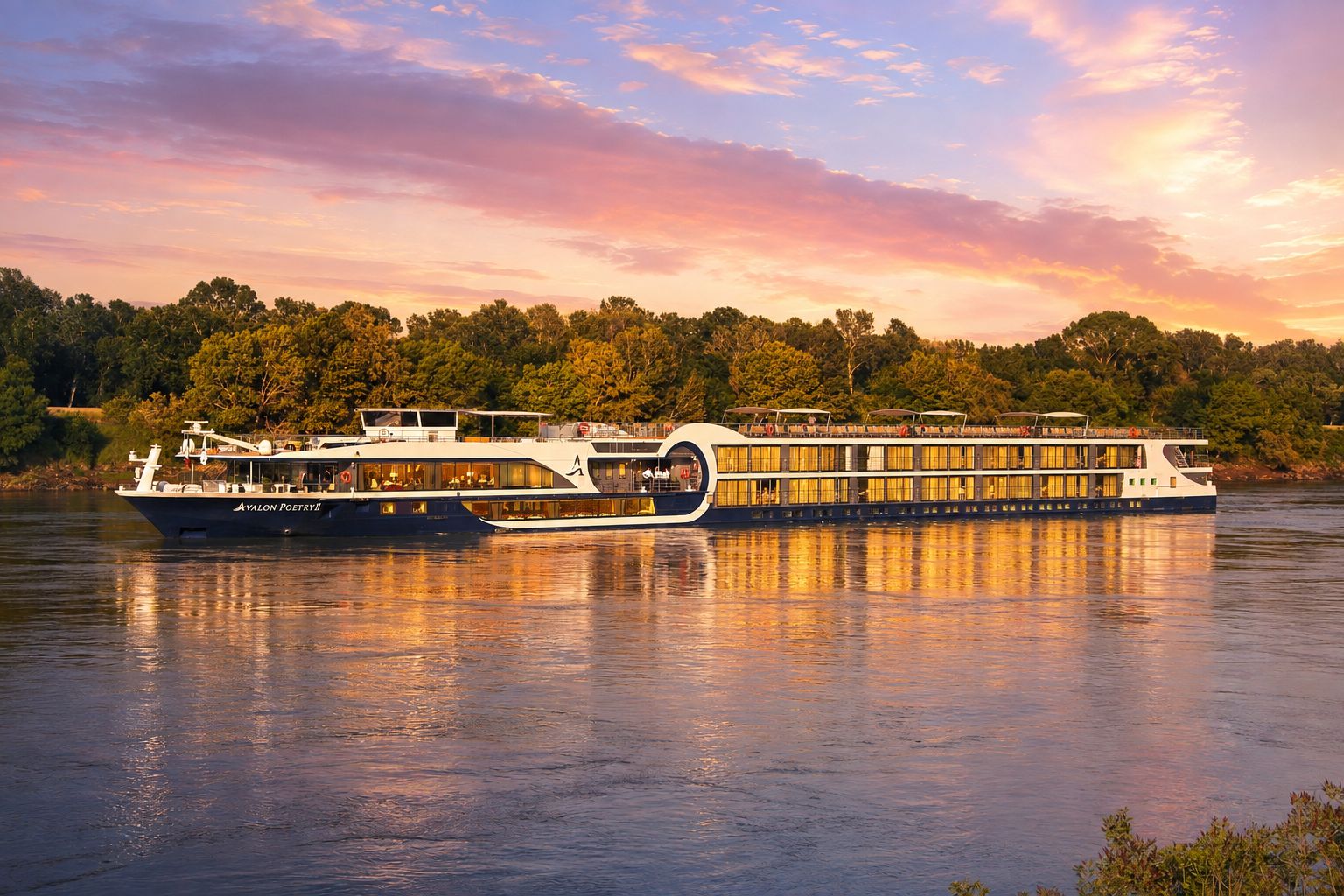 A river cruise ship on the water