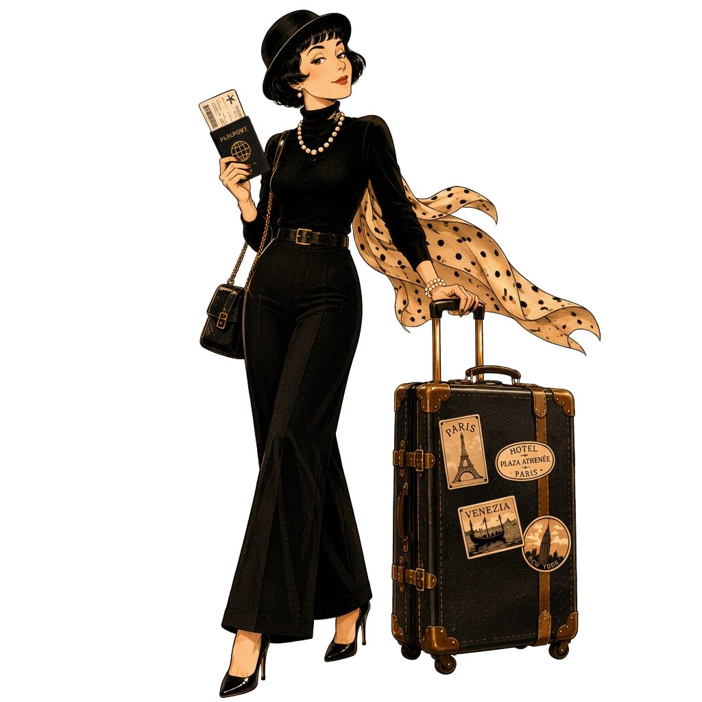 Dorothy traveler in a black outfit holding her passport beside a rolling suitcase